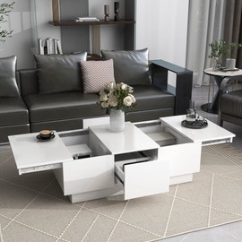 Multifunctional Coffee Table with 2 Large Hidden Storage Compartment, Extendable Cocktail Table with 2 Drawers, High-Gloss Center Table with Sliding Top for Living Room, 39.3"x21.6", White