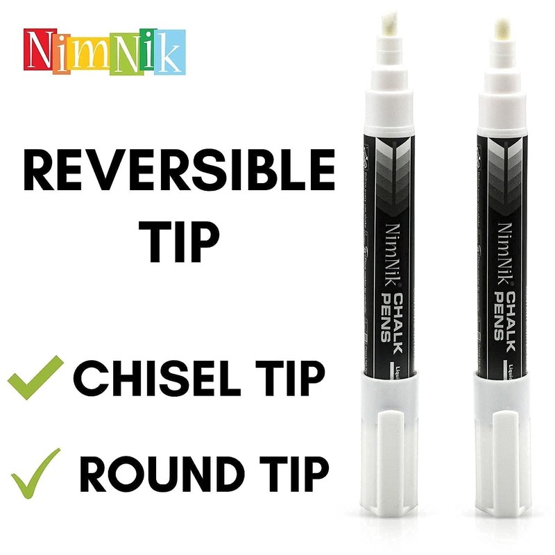 NIMNIK White Chalk Markers for Blackboards - 6mm Reversible Nib