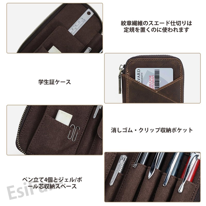 EsiFare Crazy Horse Leather, Retro Leather Pen Case, Multi-Stationery Pouch,