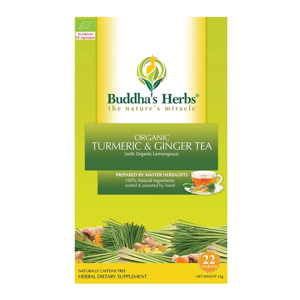 Buddha's Herbs Organic Turmeric, Ginger and Lemongrass Tea - Natural Immunity and Inflammation Support -22 Tea Bags (Pack of 2)