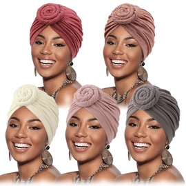 DRESHOW 5 Pack Women Turban African Knot Headwrap Beanie Pre-Tied Bonnet Chemo Cap Hair Loss Hat