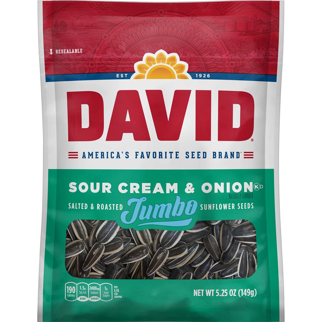 DAVID Sour Cream & Onion Jumbo Sunflower Seeds, Keto Friendly, 5.25-oz. Resealable Bag (Pack of 12)
