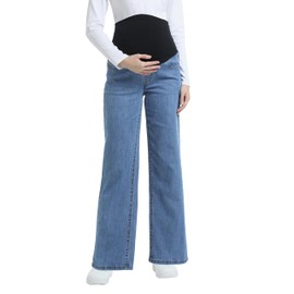 CFRTMTBB Women's Maternity Jeans Straight Legs Relaxed Fit Over Belly Comfy Stretch Pregnancy Denim Pants with Pockets (Light Blue,L)