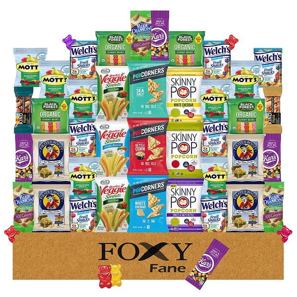 Foxy Fane 40 count Premium Gluten-Free Healthy Snack Box - Ultimate Gift Care Package filled with Variety of Chips, Nuts, Bars, Popcorn & more - Bulk Bundle of Gluten Free Delicious Treats (40 Snacks)