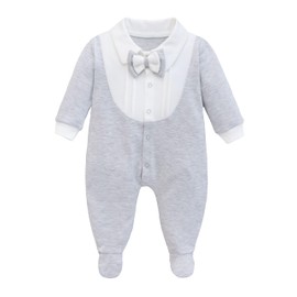 Lilax Baby Boy Gentleman Tuxedo Footie, Christmas Holiday Outfit with Bow Tie, Formal Wedding Long Sleeve Rompers (Gray,0-3 Months)