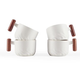 CLASGLAZ 6oz Ceramic Espresso Cups with Wooden Handle, Small Coffee Cups for Latte Cappuccino, Tea Cups Set of 4