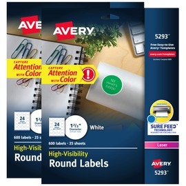 Avery White High Visibility Round Labels with Sure Feed, Permanent, 1-2/3", 2 Pack, 1,200 labels Total (32135)