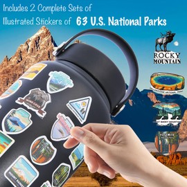 Prnaiev National Parks Water Bottle with 2 Sets of 63 Waterproof Stickers & 3 Lids, 32 oz Leakproof Insulated Water Bottle, with Bear Deterrent Paracord Bracelet for Hiking,Camping,(Blue)