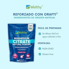 Wellthy Citrato de Magnesio en Polvo Sabor Raspberry 430g Equivalente a 417mg de Magnesio por Scoop. 43 Porciones por Envase, Scoop Incluído, Flavorle