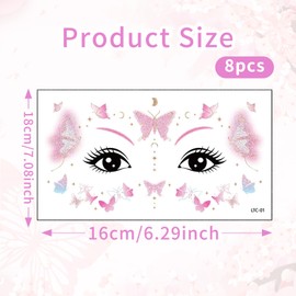 8 Sheets Glitter Butterfly Face Tattoo,Spring Butterflies Tattoo Sticker for Girl,Pink Blue Purple Face Sticker,Waterproof Stickers Eye Art Accessories for Children Women(Butterfly)