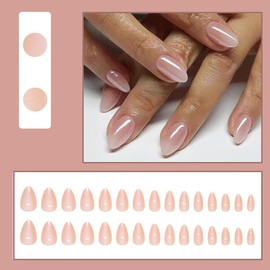 Aurora Almond Press on Nails Short Fake Nails with Design Nude Pink Press ons Glossy Chrome Acrylic Nails French Stiletto Glue on Nails Reusable Artificial Nails Cute Stick on Nails for Women 24Pcs