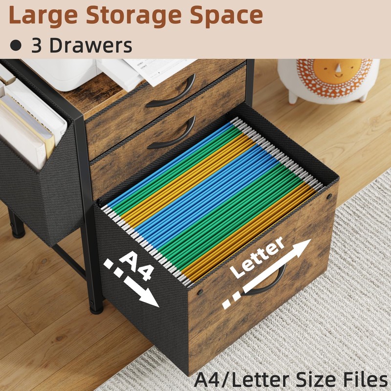 HIGDBFE 3 Drawer File Cabinet with Charging Station, 45''H, 3-Tier