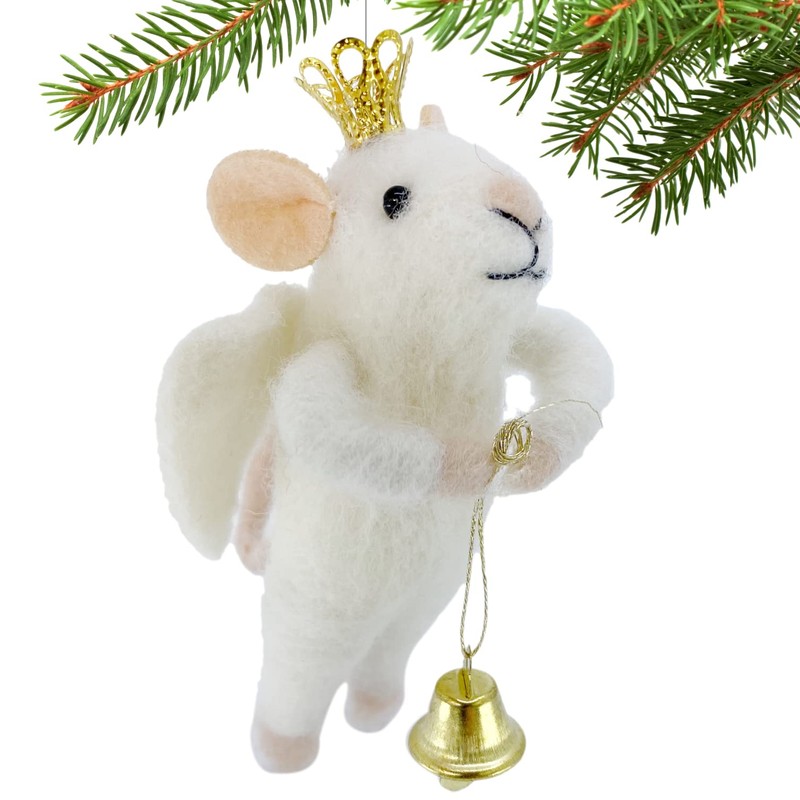 Angel Mouse Christmas Tree Ornament - White Wool Mouse Decoration