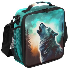 CFERSAN Funny Animal Wolf Night Sky Kids Insulated Lunch Bag School Lunch Box, Reusable Lunch Containers for Girls & Boys with Handles, Carry On Spacious Lunchbox Small Cooler Zipper Tote Bags