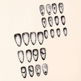 MISUD Press on Nails - Medium Stiletto Glue on Nails with Goth Black White, Acrylic Gothic Design 24 pcs