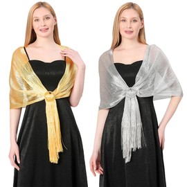 YCHYAN 2 Stück Funkelnde Schals Damen, Schal Glitzer Gold, Schal Silber für Abendkleid und Umhang, Weich und Hautfreundlich, Selbständige Schlaufenschnalle, Geeignet für Abendkleider, Abendessen