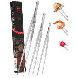 lozea Set of 3 cooking tweezers in 30 cm, 25 cm and 20 cm in rust-proof 18/8 stainless steel for a first-class cooking experience on family and barbecues for turning and gripping food in the kitchen