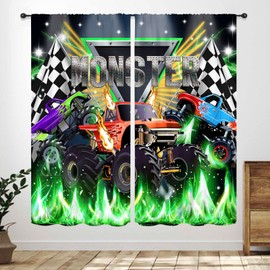 Cortinas de coche de carreras, diseño de flota 3D de dibujos animados, juego de estadio, monstruo, camión, tratamientos de ventana para adolescentes, niños, recámara, sala de estar, sala de juegos, 2