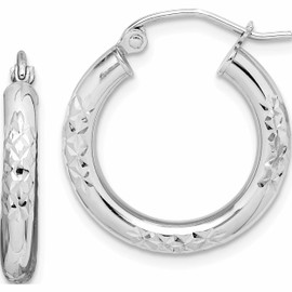10K White Gold Diamond Cut 3mm Hoop Earrings (21 X 20) Made In Peru 10tc349
