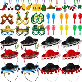 Jexine 48 Pcs Cinco De Mayo Fiesta Party Favor Supplies, Sombrero Hats, Necklaces, Fiesta Eyeglasses for Mexican Party Decor(Felt Style)