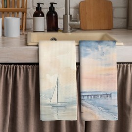 shiviody Nautical Beach Kitchen Towels - Coastal Dish Towels, Watercolor Sailboat Seaside Beachy Decorative Absorbent Dishcloths Hand Towels for Bathroom Kitchen Decor 16x24 Inches, Set of 2
