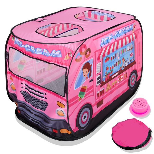 Playbees Musical Ice Cream Truck Pop Up Play Tent with 3 Openings, Carry Bag, and Sound Button - Pink Pretend Playhouse for Kids Indoor and Outdoor Fun, Gift, Prop - 43.5 x 28 x 26.5 Inch