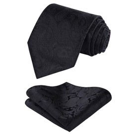 HISDERN Men's Wedding Ties and Pocket Square, Paisley Tie Set, Plain, in Various Colours, Black (black-5)