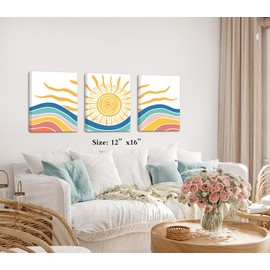 LNLAGBO Framed Boho Sunshine Wall Art Set of 3 Canvas Print Yellow Sun Rising on The Sea Minimalist Art,Mid Century Modern Boho Sun Wall Decor for Bedroom Living Room Office12 x16