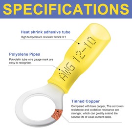haisstronica 50pcs 3/8" Yellow Marine Grade Heat Shrink Ring Connectors,12-10 Gauge Tinned Red Copper 1mm Ring Terminals Connectors,Brazed-Seam Insulated Electrical Crimp Wire Terminals