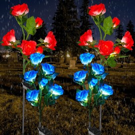 Woanger 4 Pcs Solar Flowers Cemetery Grave Decorations Outdoor LED Flower Lights with 6 Rose Powered Garden Stake Lights Waterproof for Independence Day Grave Decorations (Red, Blue)