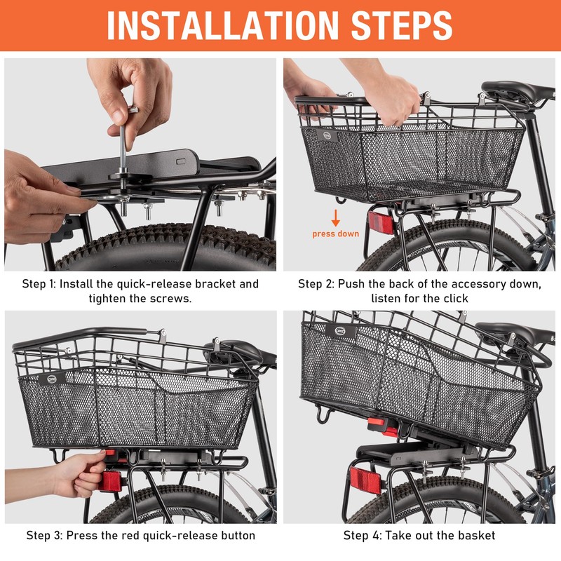 Rear Bike Basket with Handle - Quick Release Bicycle Rear