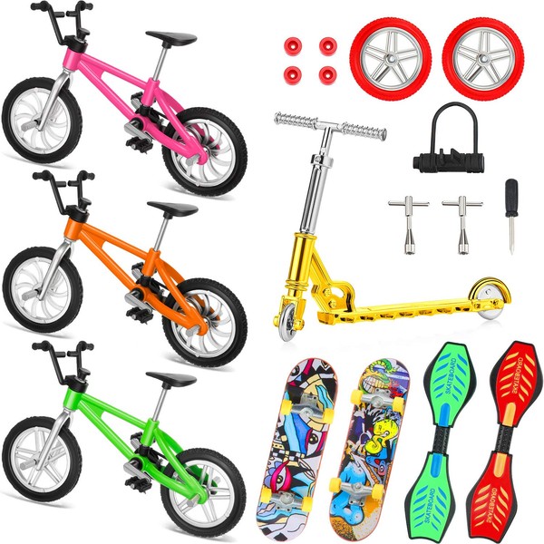 18 Pieces Mini Finger Toys Set Finger Skateboards Finger Bikes Scooter Tiny Swing Board Fingertip Movement Party Favors Wheels and Tools