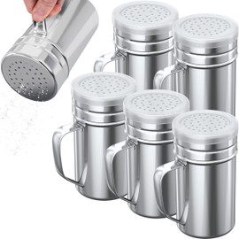 CUSINIUM 14oz Large Stainless Steel Salt Pepper Dredge Shakers - with Plastic Cap - with Handle - Pack of 6