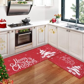 CAROMIO Christmas Kitchen Rugs and Mats Set of 2 Winter Holiday Xmas Tree and Snowflake Floor Mat Sets Non-Slip Doormat Runner Rug Kitchen Mat for Home Christmas Decoration, 17"x29"+17"x47"