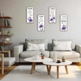 DONFENTHY 4 Pcs Purple Bathroom Decor Purple Wall Decor With Dreams Faith Love Believe Positive Quotes Wooden Rustic Bathroom Accessories for Home Bedroom Living Room Kitchen(10X4)