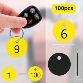 Flintronic Pack of 100 Plastic Number Plates, Plastic ID Number Plates, Small Waterproof Number Tags, ID Tags with Hole, with Key Rings, for Wardrobe Hotel (Yellow, 1-100)