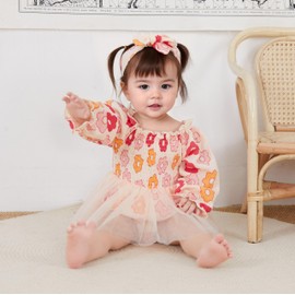 Ursobutegl Newborn Baby Girls Romper Dresses Ruffle Pleated Smocked Bubble Floral Tulle Skirt Ruched Bodysuit Fall Clothes (Apricot, 12-18 Months)