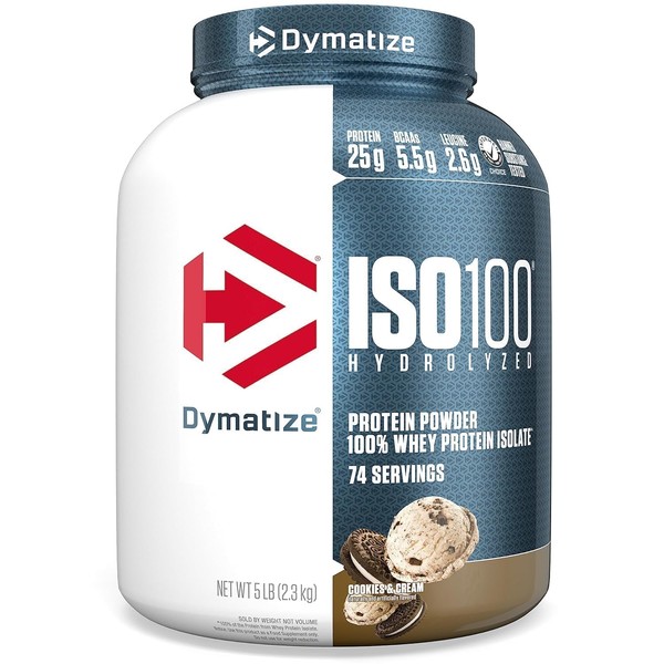 Dymatize ISO100 Hydrolyzed Protein Powder, 100% Whey Isolate Protein, 25g of Protein, 5.5g BCAAs, Gluten Free, Fast Absorbing, Easy Digesting, Cookies and Cream, 5 Pound