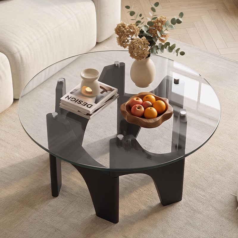 Round Glass Coffee Table, 29.5'' Mid Century Center Table, Black
