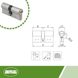 Amig - Hochsicherheitszylinder Modell 20.010 | Matt verchromtes Messing | Doppelkupplung und Bohrschutz | Eigentumskarte und 5 Sicherheitsschlüssel | 70 (35-35) mm | Metallbau