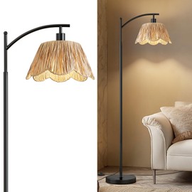 Oneach Arc Floor Lamp for Living Room,Rattan Boho Floor Lamp with Hand-Woven Wicker Shade, Foot Switch,Black Metal Base & Pole,Farmhouse Standing Lamp for Bedroom Corner,Reading