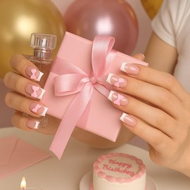 24Pcs French Tip False Nails Short Square with Pink Bow - on Nails Fake Stick on for Women - Acrylic Full Cover Cute Nail Tips