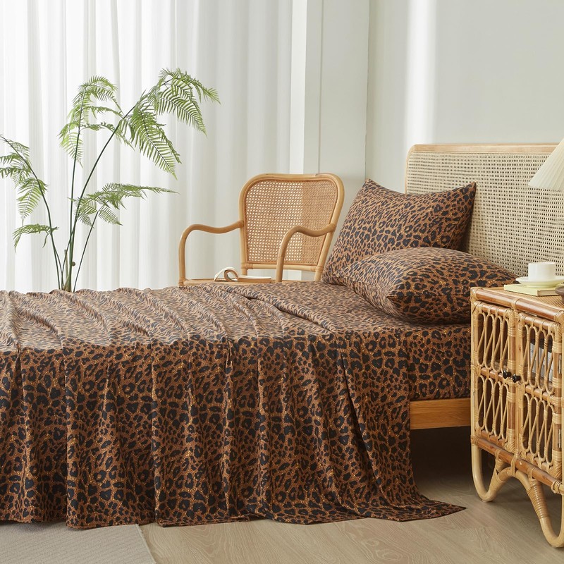 LifeTB Leopard Sheets Set 4 Piece Brown Leopard Cheetah Printed