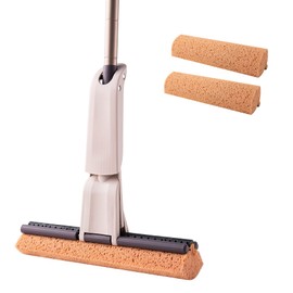 Eyliden Sponge Mop with 1 Extra Reusable Absorbent Sponge Refills, Easy Squeeze, Self Wringing Mops for Kitchen Bathroom Office Hardwood Laminate Tile Marble Ceramic Floors Cleaning