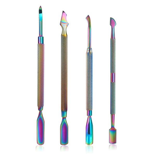 Mwoot 4 Pieces Cuticle Pusher Kit, Dual End Nail Gel Polish Removal Pushers, Rainbow Color Stainless Steel Manicure Tools for Fingernails and Toenails