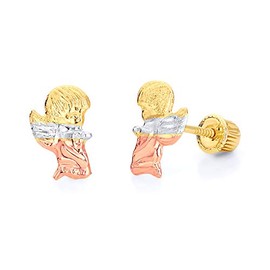 14k REAL Tri Color Gold Guardian Angel Stud Earrings with Screw Back