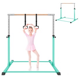 BYTAYA Gymnastics Bar with Rings, Steady Steel Construction Adjustable Height Gymnastic Horizontal Bars Junior Training Bar Children Folding Training Monkey Bars for Kids Ages 3-15(Green)