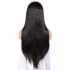 Black Synthetic Hair 13-4-3 Lace Women Wig,26 Inch Long Silky Straight Human Hair Density,100% Hand Made Glue-less Wig (black)