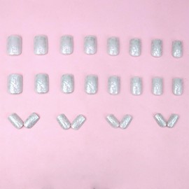 Press on Nails Short Square White False Nails Glitter Sequins Design Charm Fake Nails Artificial Acrylic Nails Full Cover Glossy Reusable Coffin Nails Glue on Nails for Women Supplies