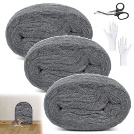 Steel Wool, 3 Rolls Steel Wool Against Mice, 10.5 m Steel Wool 000 Fine with Work Gloves and Scissors, for Holes and Wall Cracks of Home, Garage, Garden and for Cleaning and Polishing